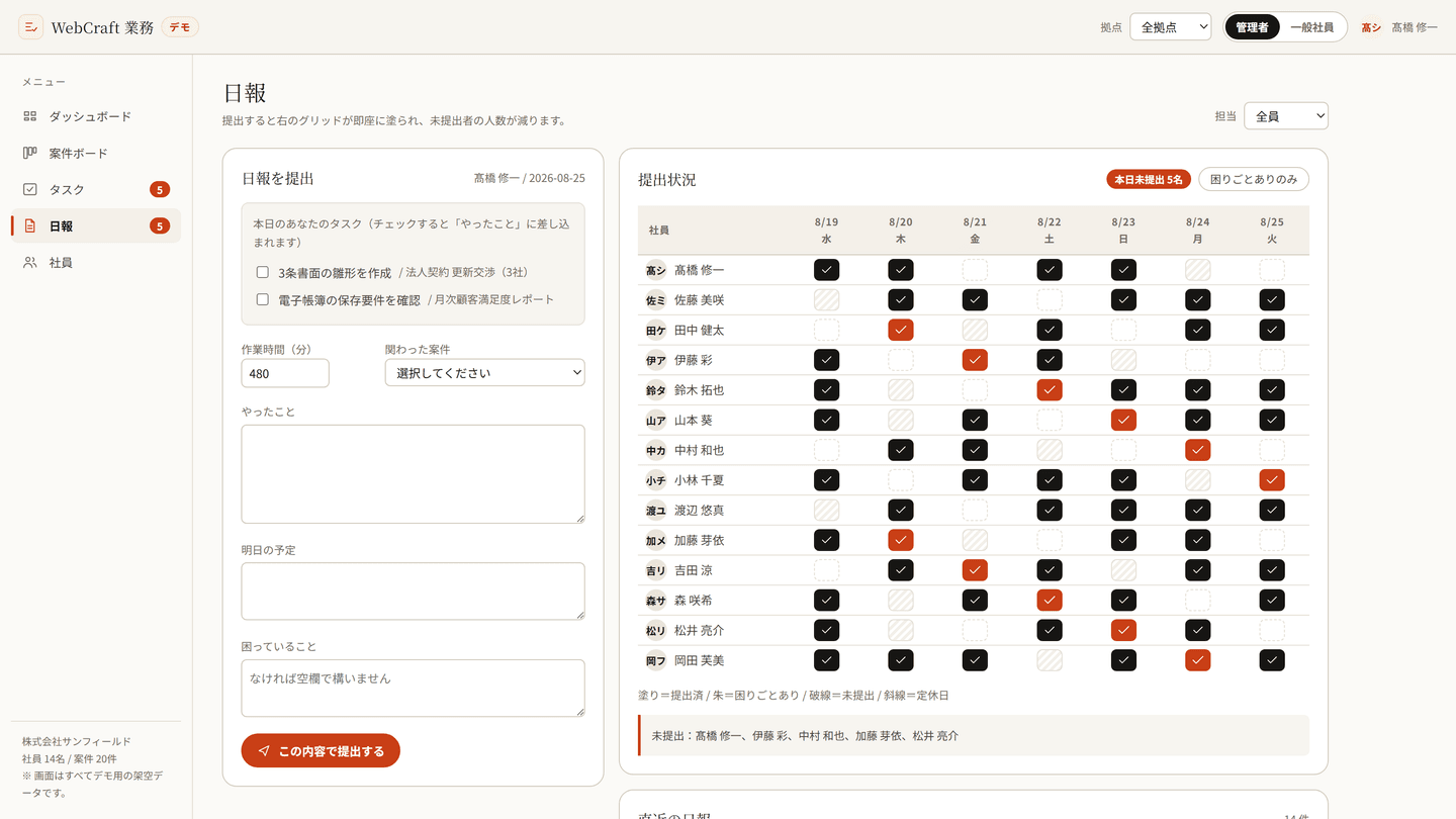 WebCraft 業務の日報一覧。提出された日報とその日の作業内容